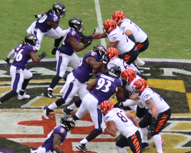 Calais Campbell, the former Atlanta Falcon now with the Baltimore Ravens, in his football uniform