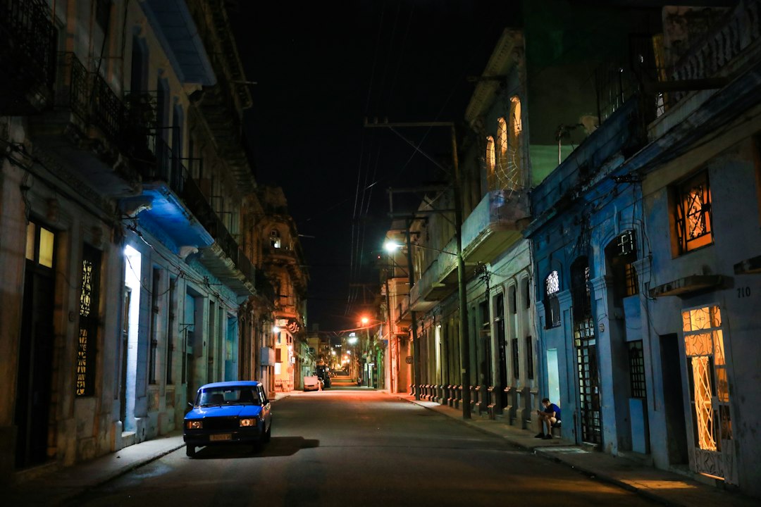 A darkened city street in Havana, Cuba, with buildings barely visible during a widespread power outage.