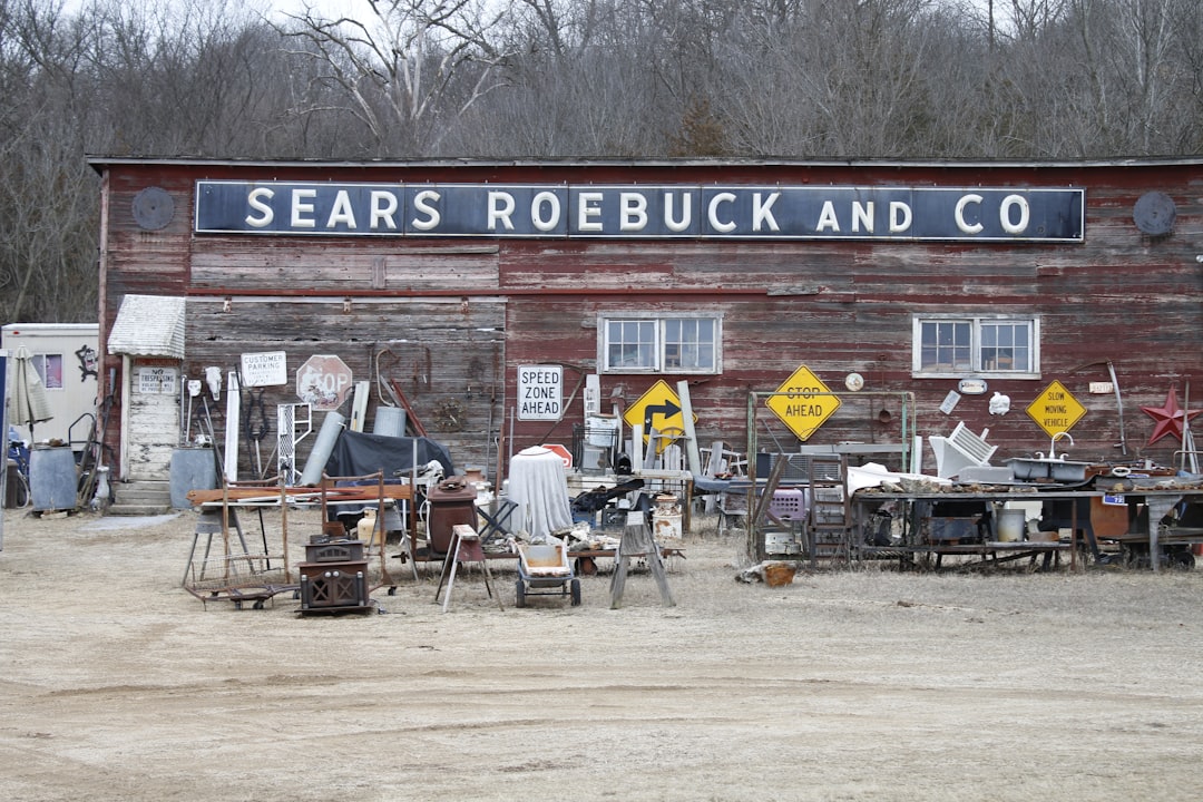 People shopping at a long outdoor yard sale with tables of antiques along a rural highway, part of the 127 Yard Sale that runs from Michigan to Alabama.