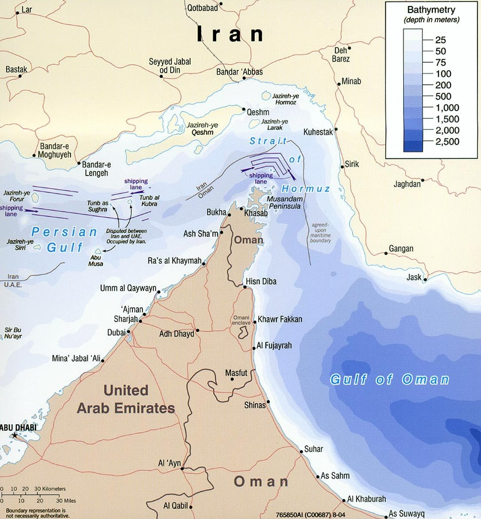 Map of the Strait of Hormuz between Iran and the Arabian Peninsula, a key oil-shipping chokepoint connecting the Persian Gulf to the Gulf of Oman